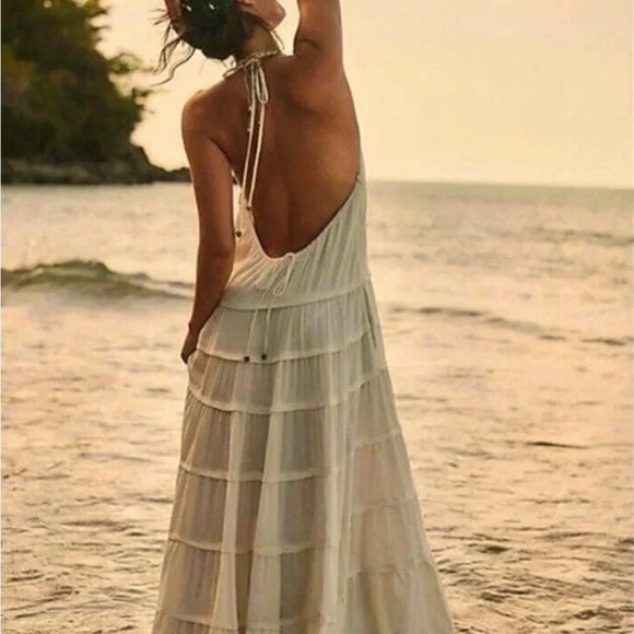 Free People Dresses & Skirts - $118 Free people Somewhere Sunny Drop Waist Halter Maxi Dress Cream Size M NWOT